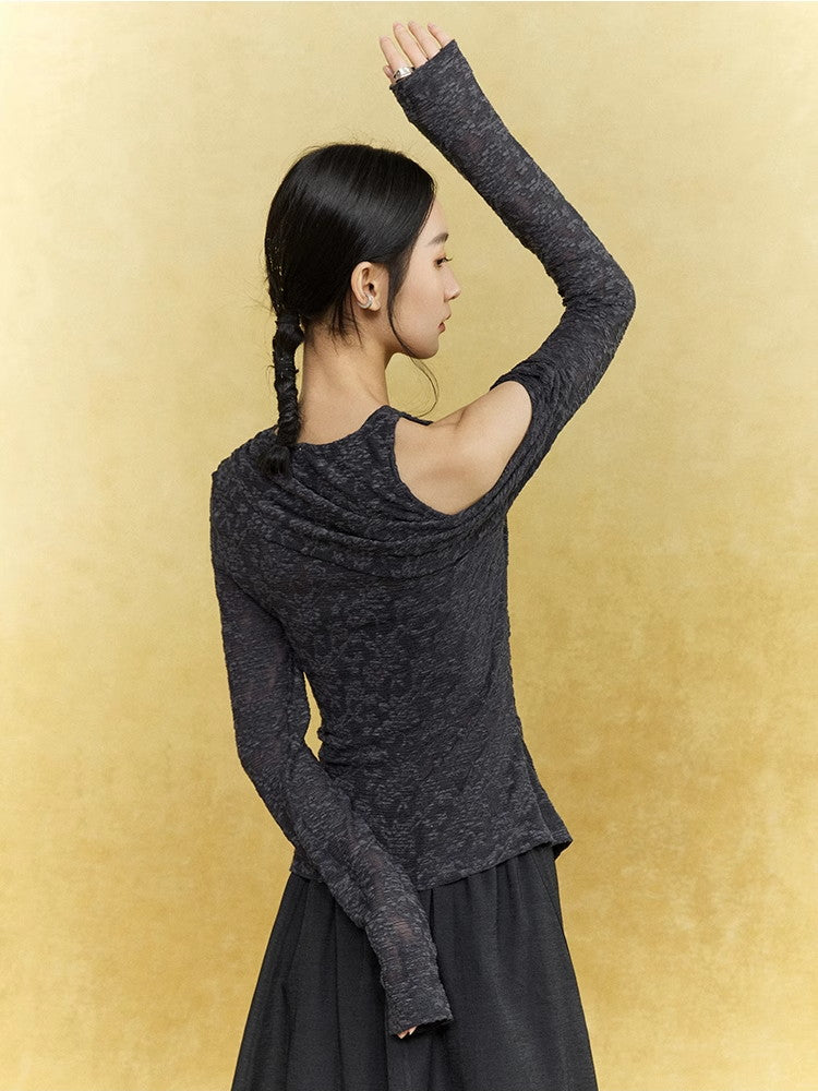 Open-Shoulder Flower Mesh Sheer Asymmetry Knit