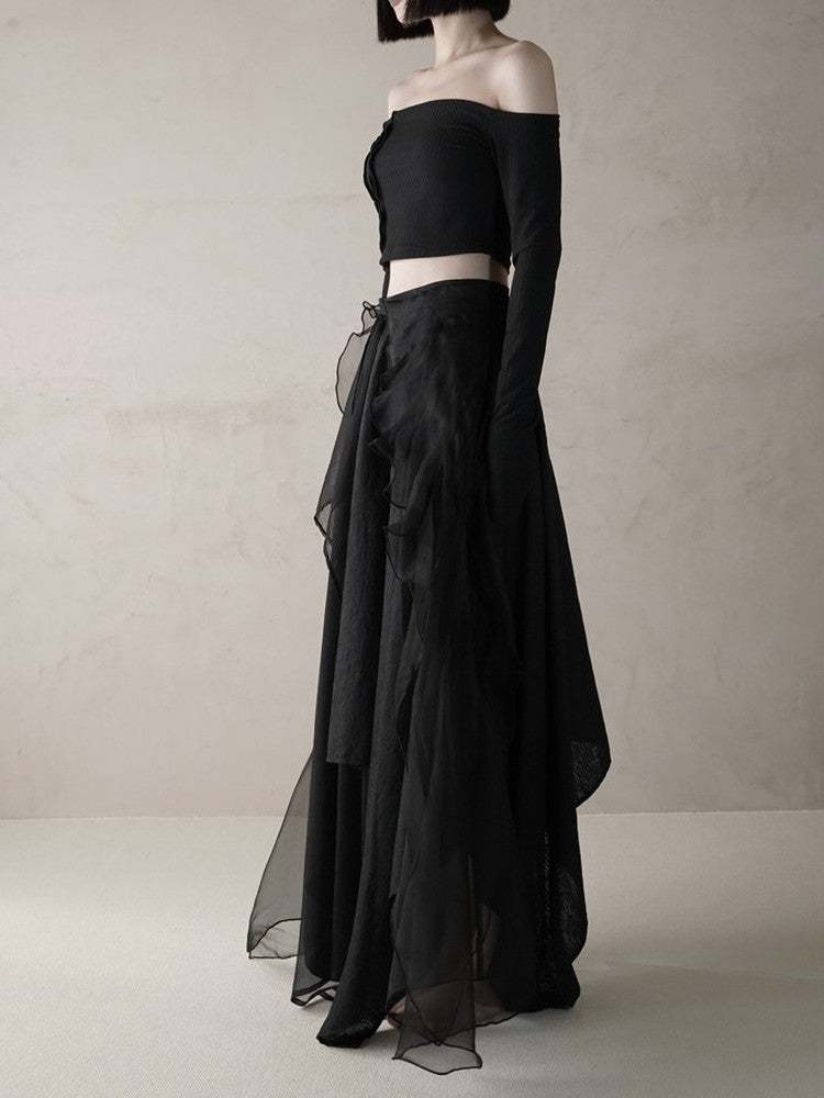 Ciffon Asymmetry Hem Simple Volume Long-Skirt