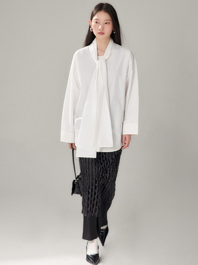 Long-Tie-Bluse Plain Oovresize Nichi Shirt