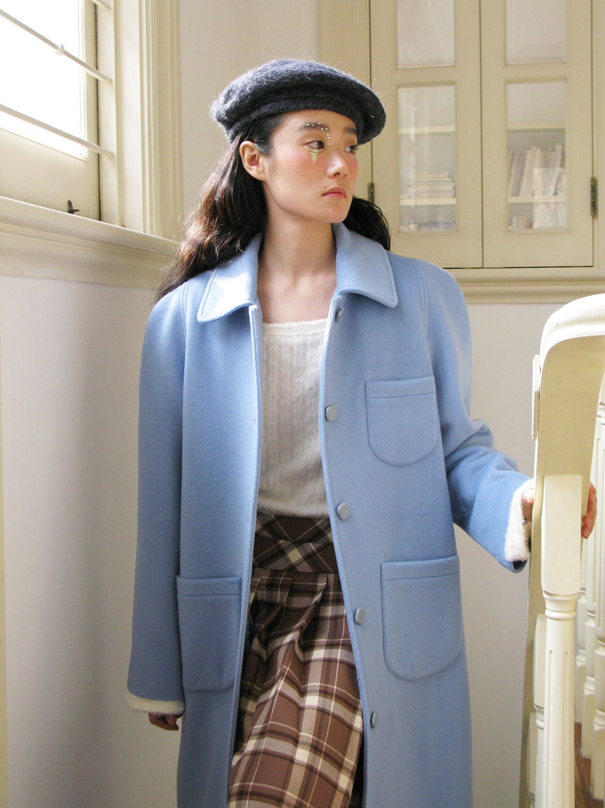 양모 긴 세련된 단순한 Soutien Collar-coat