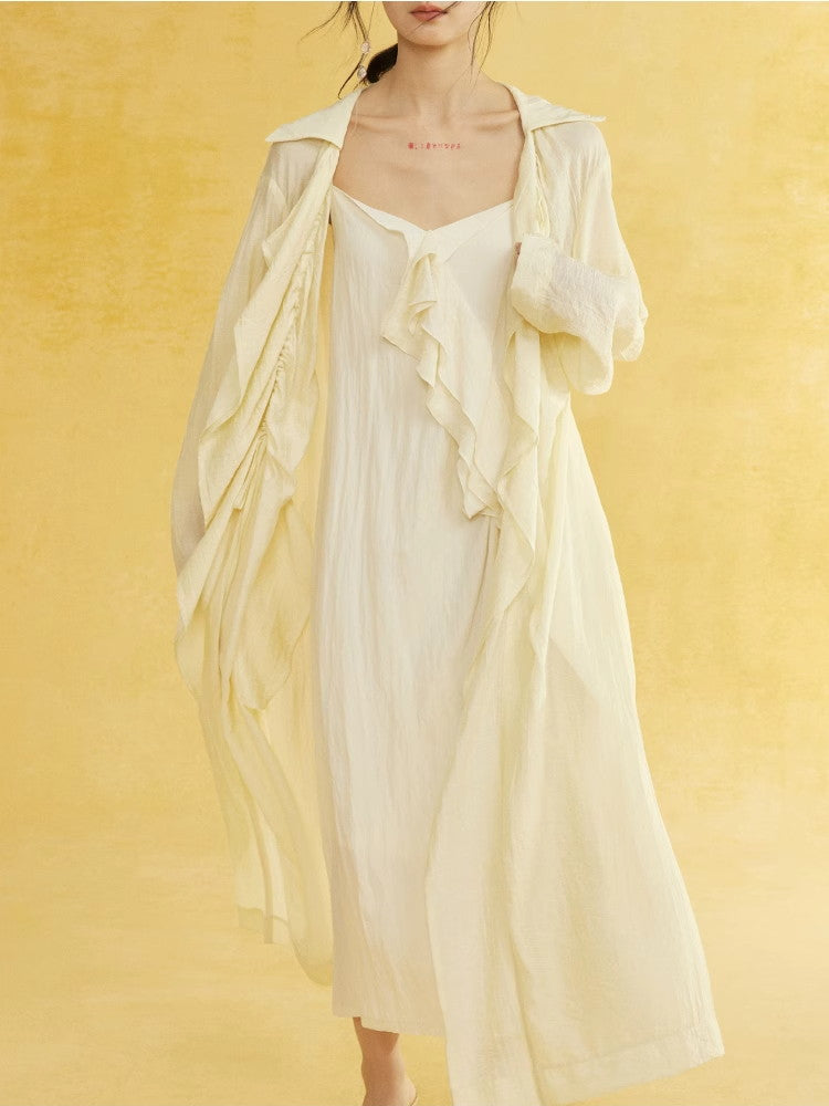 Retro Sheer Oversize Ruffle Wrinkled Long-Cardigan