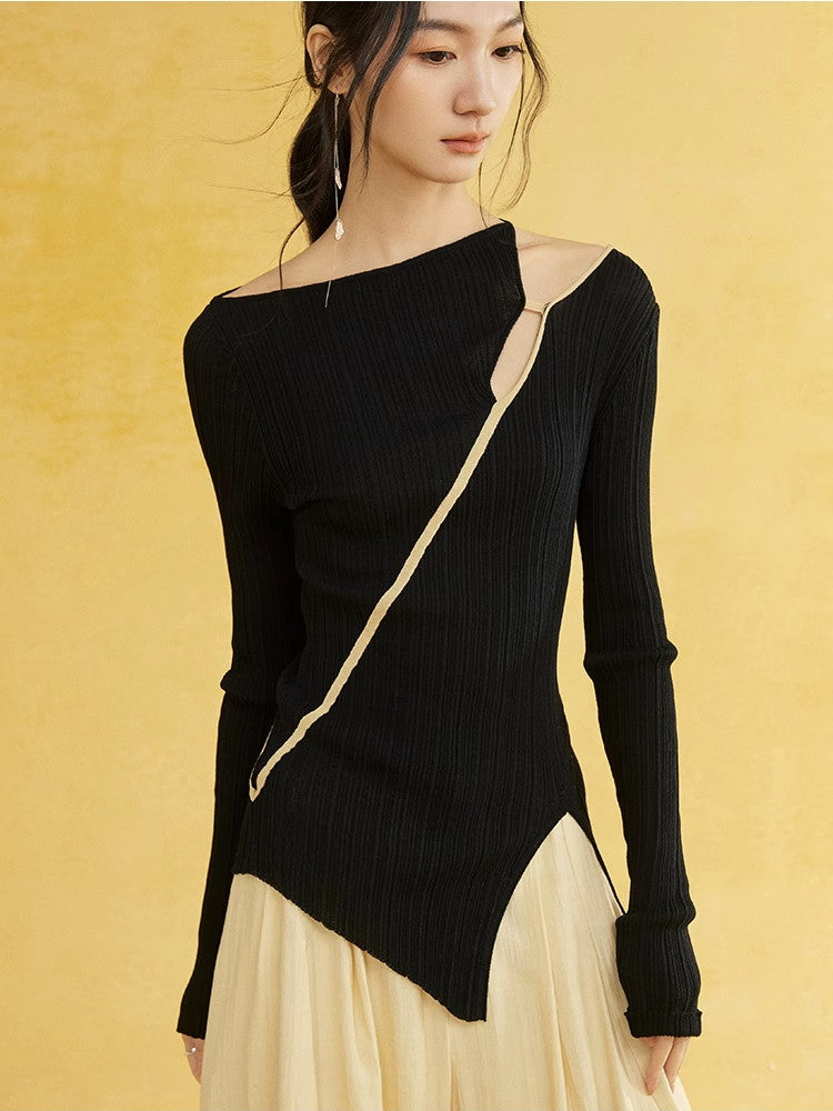 Asymmetry Nichi Slim Slit Casual Unique Rib-Knit