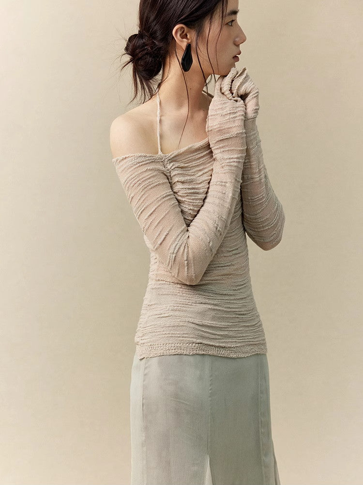 Wrinkled Sheer Gather Nichi Tight Halter-Neck Off-Shoulder Classy Knit