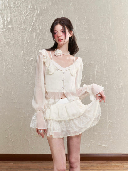 Sheer Frill Lace Feminine Blouse&amp;Mini-Skirt