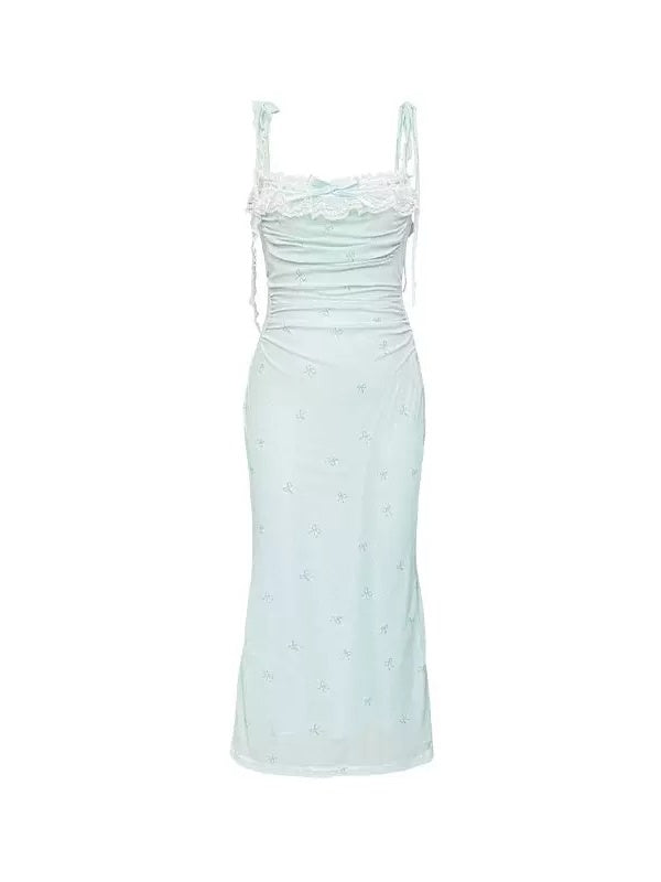 2Length Ribbon Print Lace Mesh Tight Slip Dress