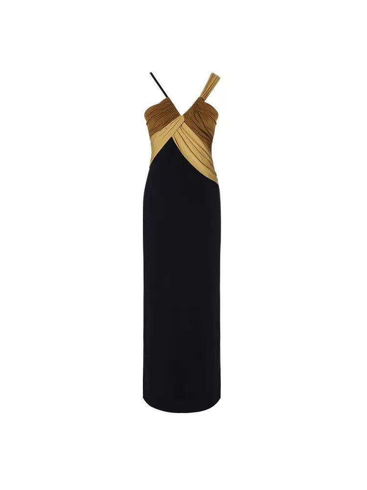 Contrast Color Twist Drape V-Neck Strap Slim Long Dress