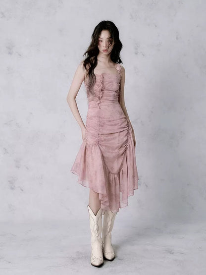 Asymmetric Wrinkled Suspender Dress