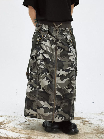 Camouflage Zipper Slit Work Maxi Skirt