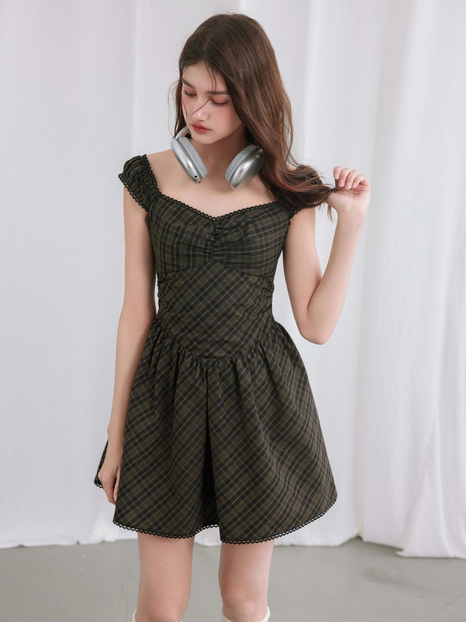 Plaid Retro French Sleeve Girly One-piece