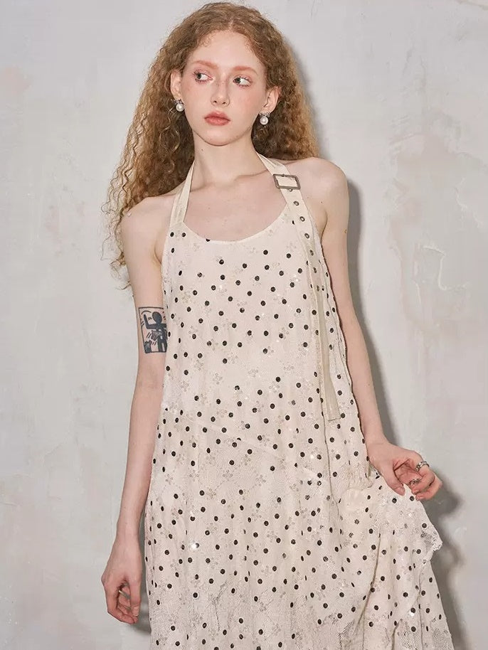 Irregular Lace Hollow Sequin Polka Dot Halter One-piece