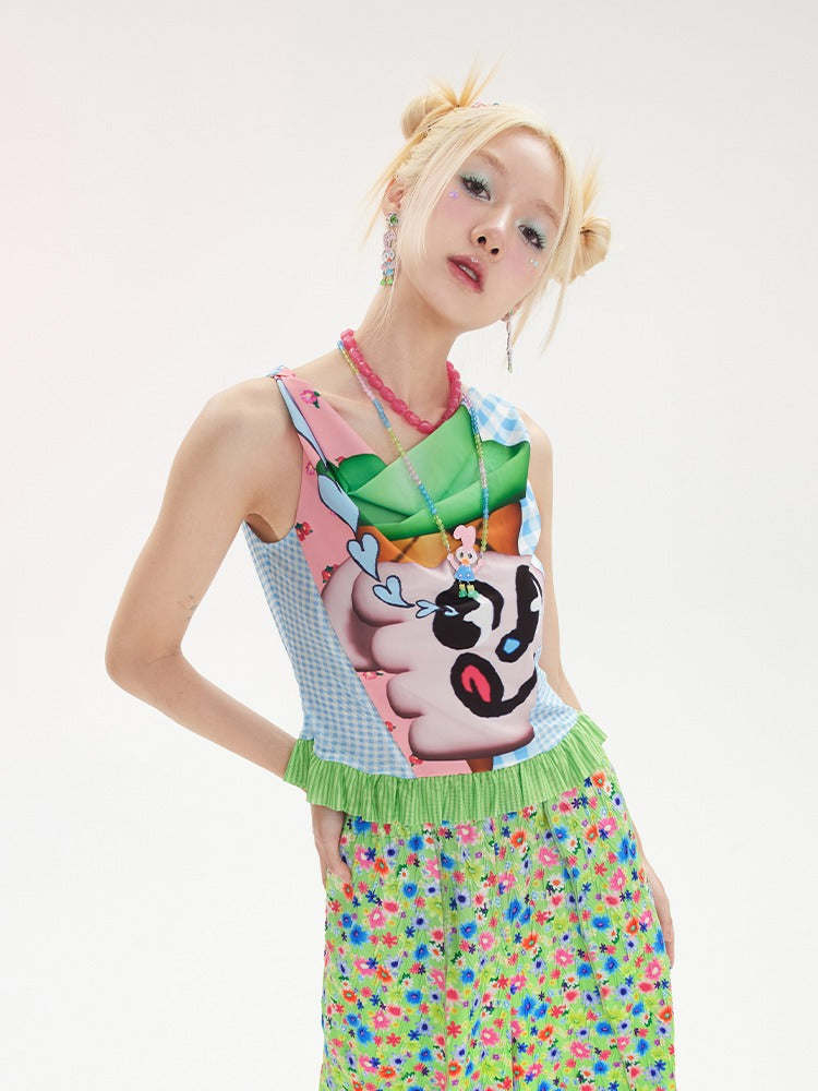 Ice Cream Print Swing Collar Mesh Sleeveless Top