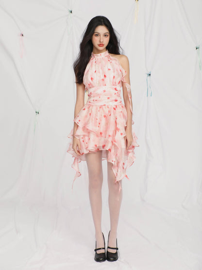 Petal Print Irregular Tulle Sleeveless Fairy Dress