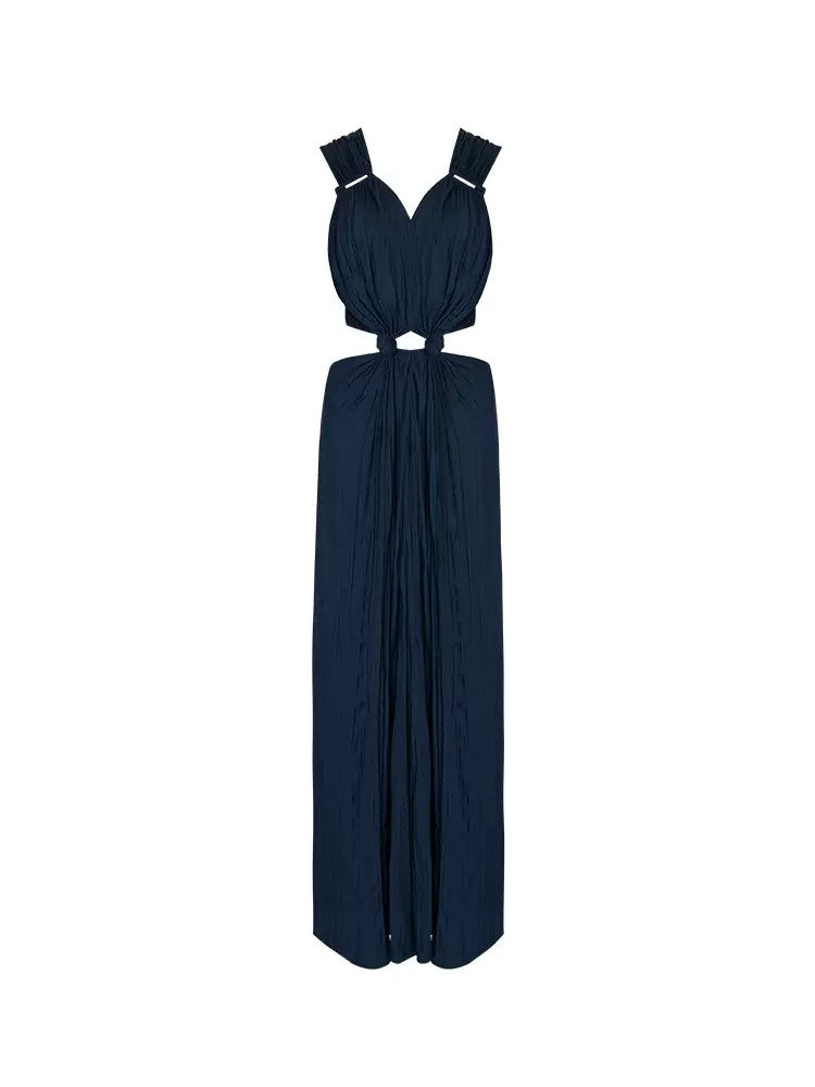 French V-neck Exposed Waist Drape Gather Strap Long Dress