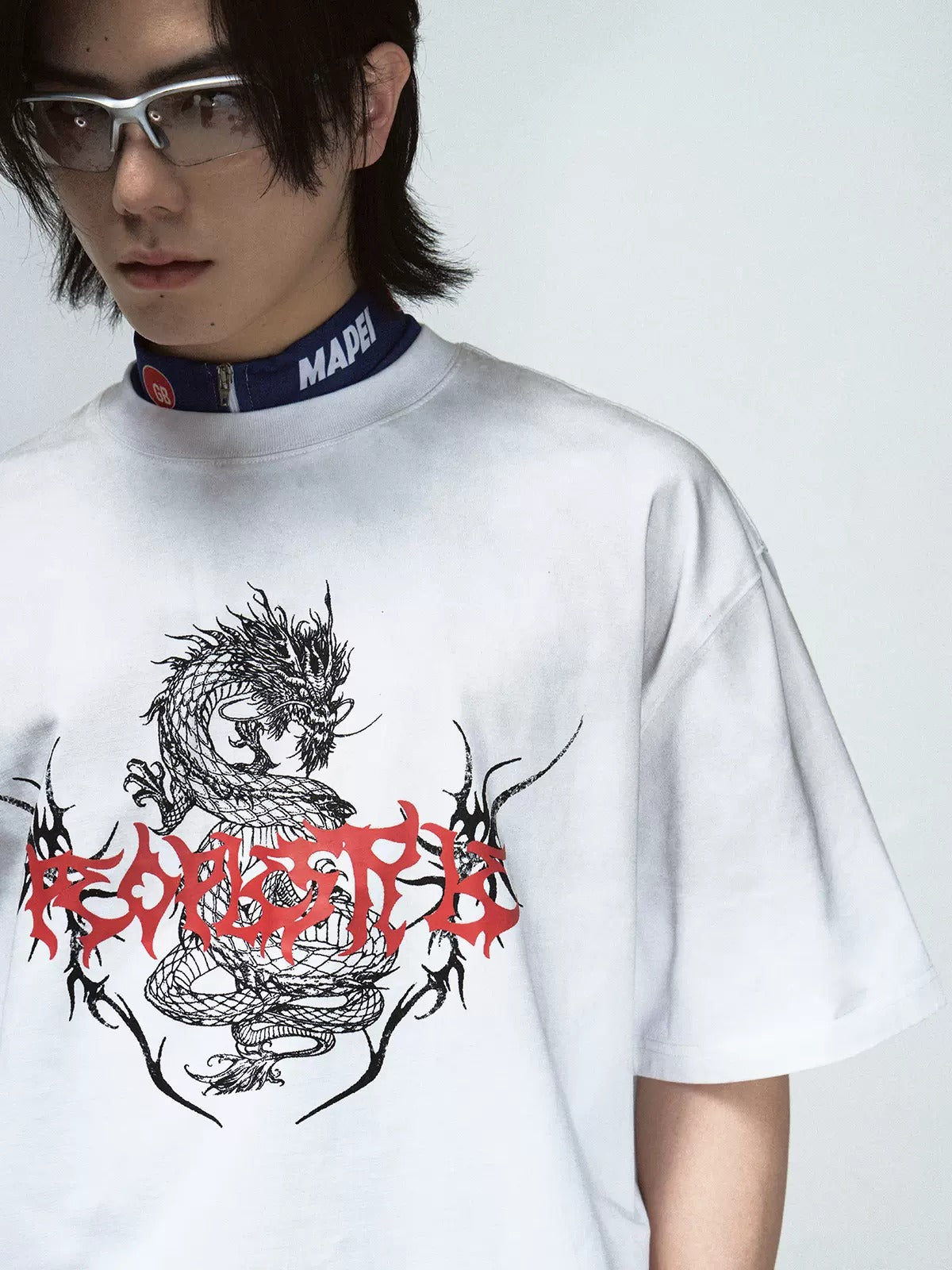 Dirty-dyed Chinese Dragon Print Round Neck T-shirt