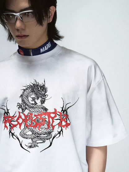 Dirty-dyed Chinese Dragon Print Round Neck T-shirt