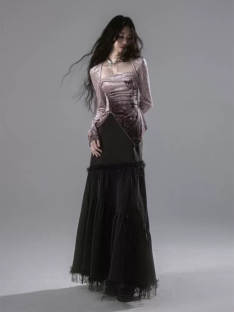 A-line Fringe Stitch Long Skirt