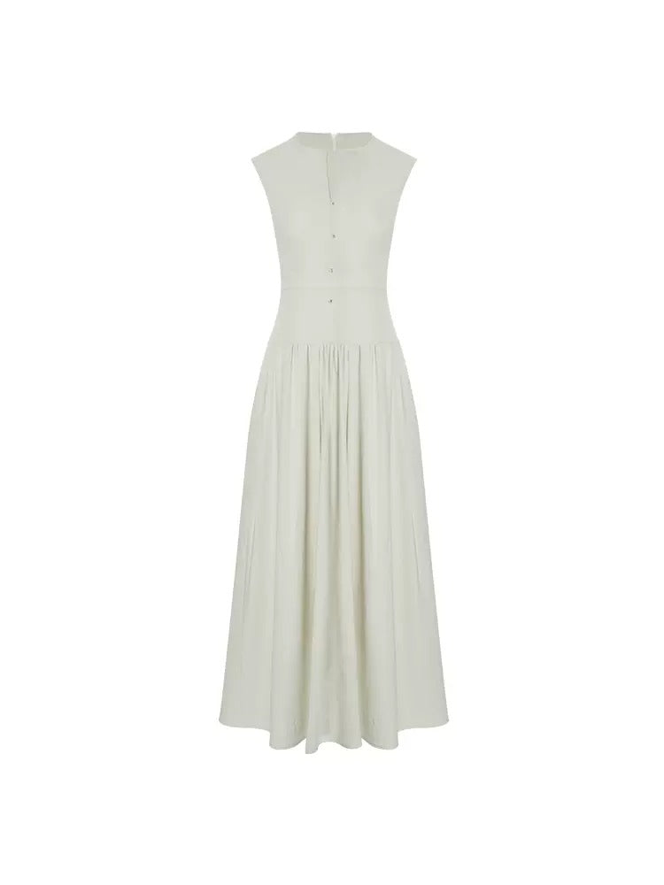 Round Neck Waist Gather Sleeveless Long Dress