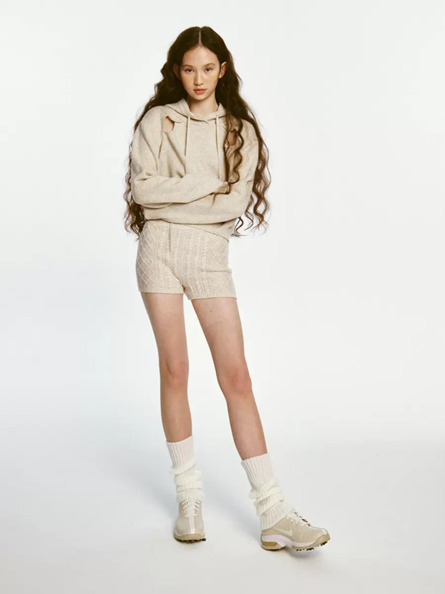 Sporty Cut-out Design Knitted Hoodie &amp; Short Pants