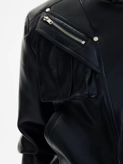 Stand Collar Zipper Short Leather Jacket