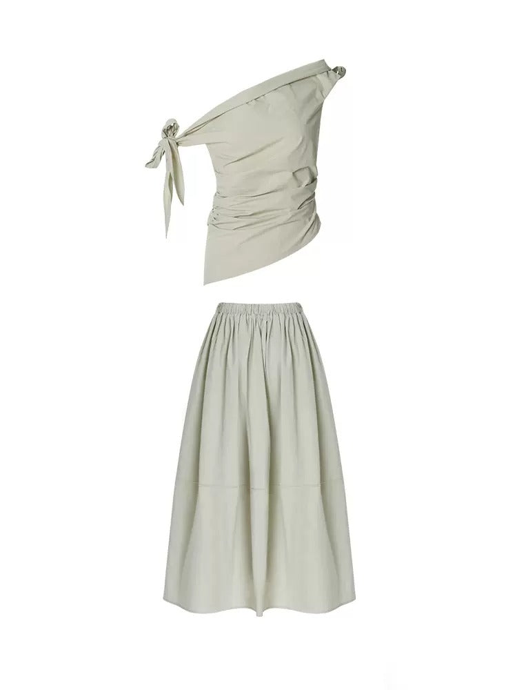 One-shoulder Niche Strap Top &amp; Gather Long Skirt