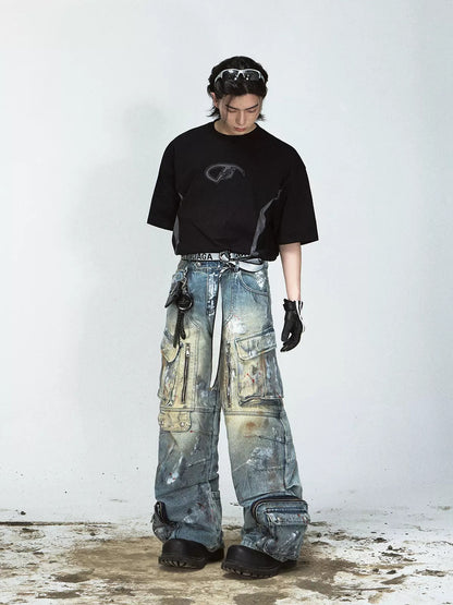 Graffiti Multi-Pocket Wide-Leg Jeans