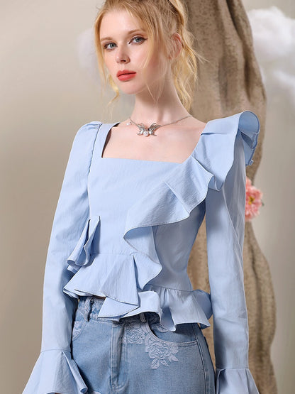 Riffle Frill Asymmetry Elegant Flare-Sleeve Blouse