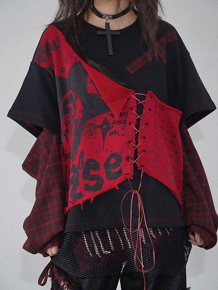 Niche Printed Plaid Stitching Layered Design Top