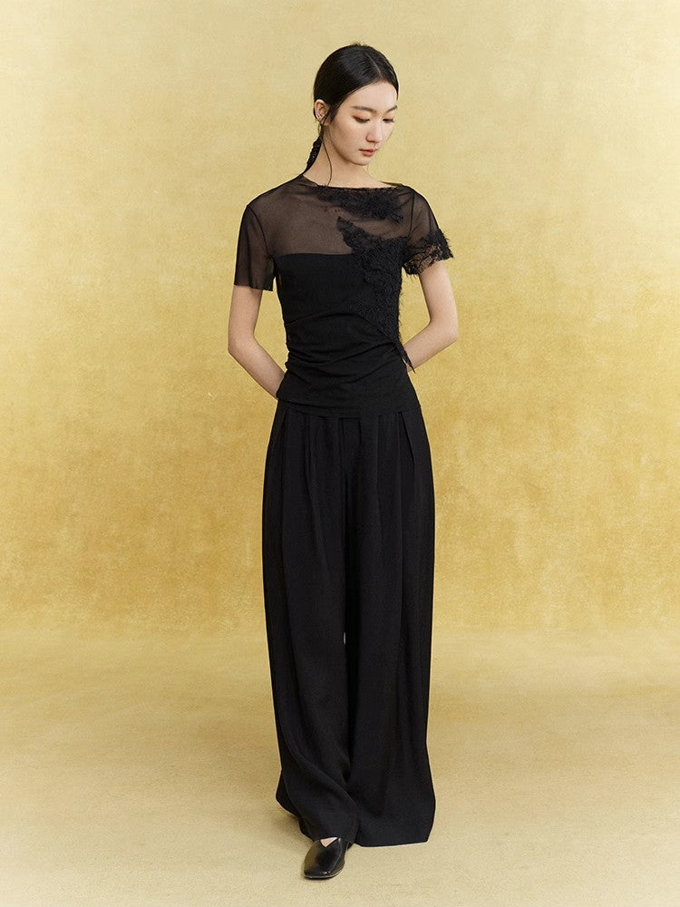 Wide-Leg Handsome Plain Straight Satin Sheer Elegant Pants