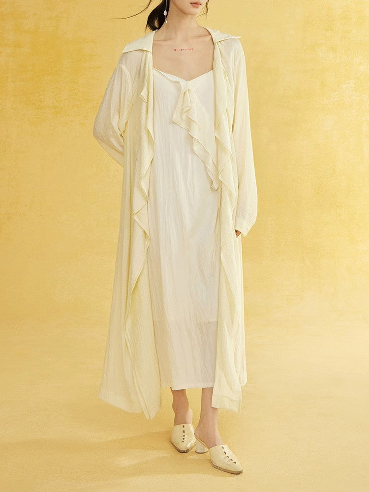 Retro Sheer Oversize Ruffle Wrinkled Long-Cardigan