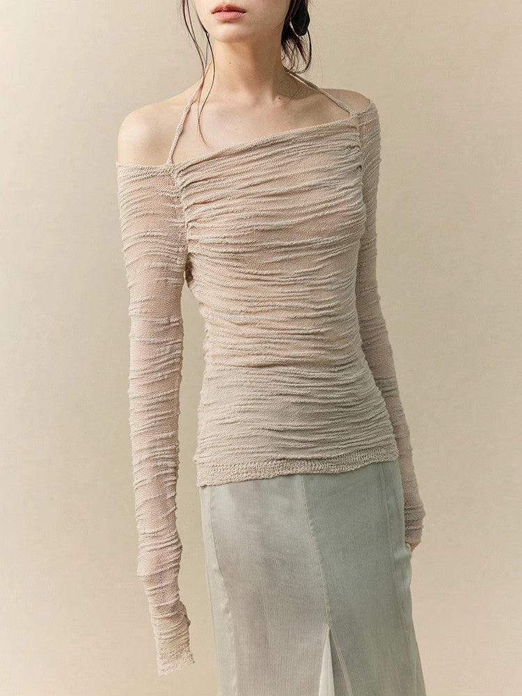 Wrinkled Sheer Gather Nichi Tight Halter-Neck Off-Shoulder Classy Knit