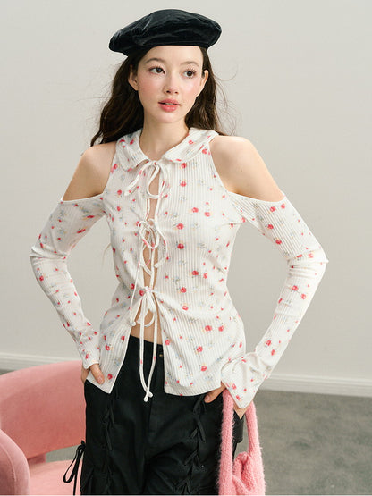 Open-Shoulder Flower Long-Sleeve Retro Knit