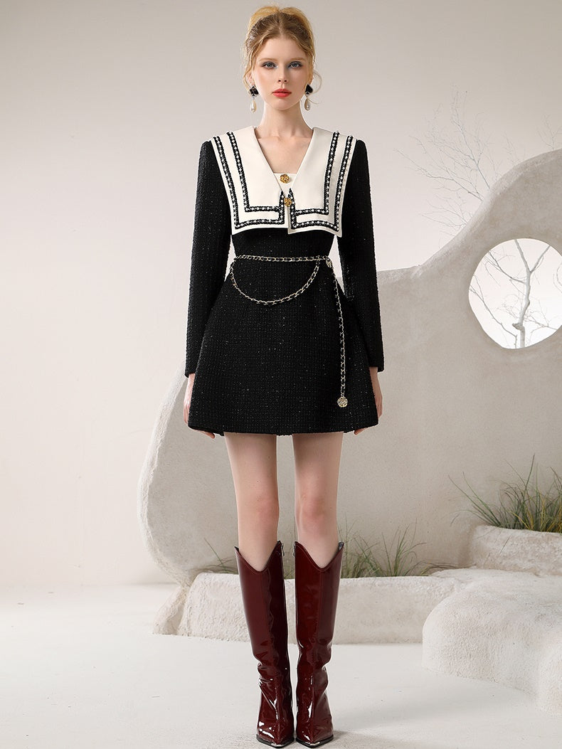 Tweed Sailor Big-Collar Pearl Chain One-Piece