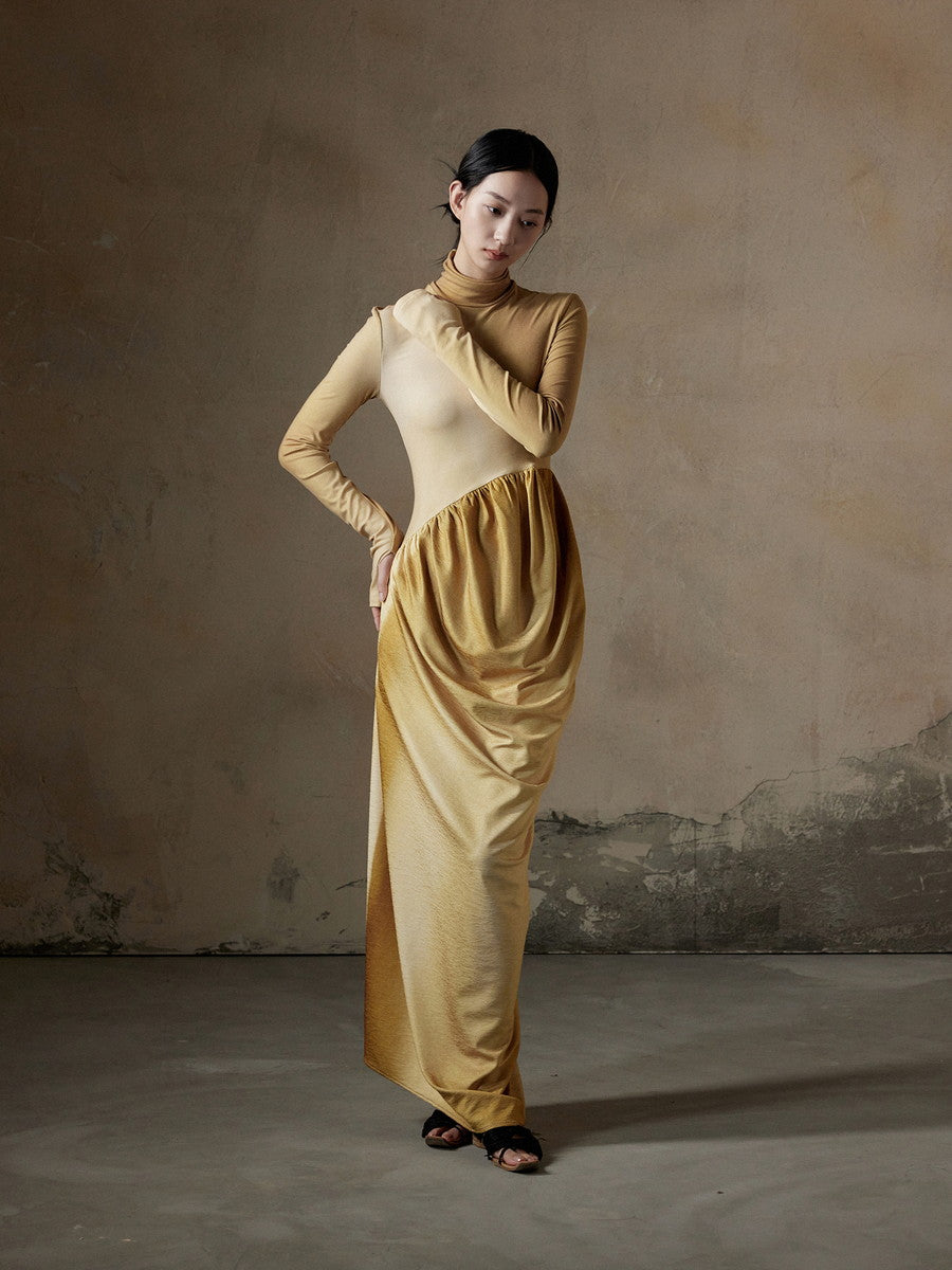 High-Neck Knit Drape Slim Thin Long Dress