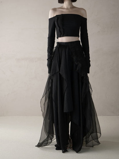 Ciffon Asymmetry Hem Simple Volume Long-Skirt