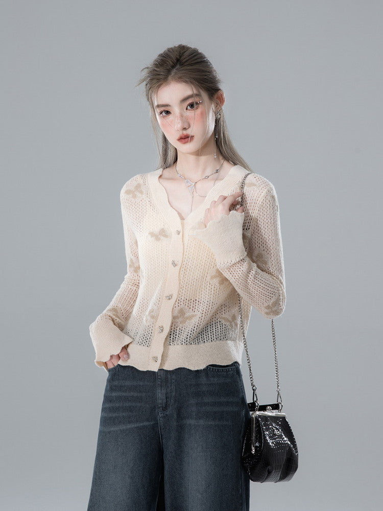 Butterfly Knit V-Neck Mesh Retro Cardigan