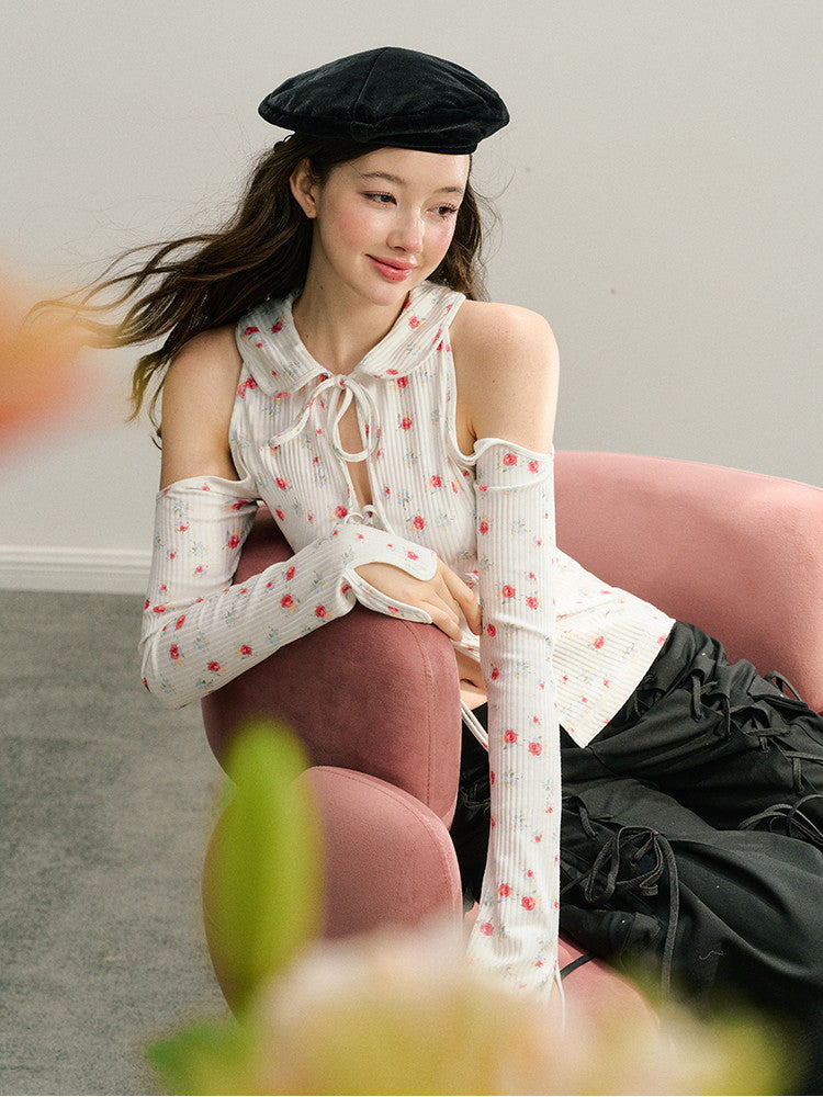 Open-Shoulder Flower Long-Sleeve Retro Knit