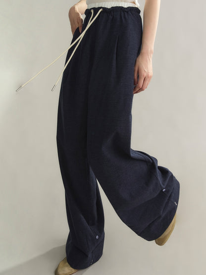 Set-Up Bi-Color Denim Casual Embroidery Elastic-Waist Shirt＆Wide-Pants