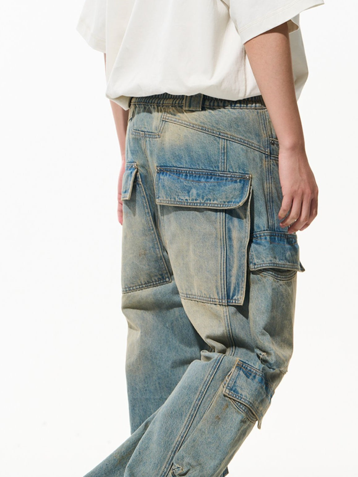 Faded Wide-Leg Side-Pocket Denim Pants