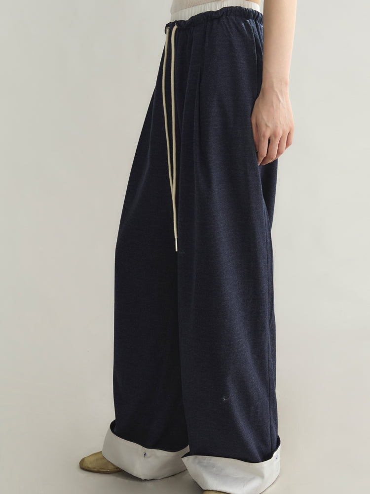 Set-Up Bi-Color Denim Casual Embroidery Elastic-Waist Shirt＆Wide-Pants