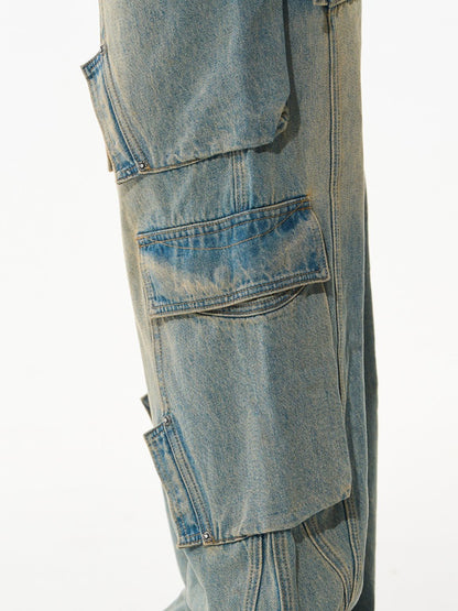 Verblasste Seitenpocket-Denimhose mit weitem Bein