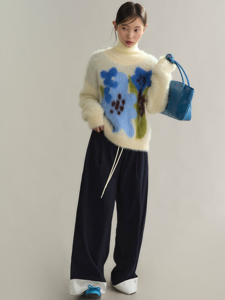 Set-Up Bi-Color Denim Casual Embroidery Elastic-Waist Shirt＆Wide-Pants