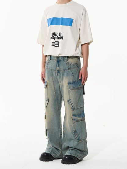 Faded Wide-Leg Side-Pocket Denim Pants