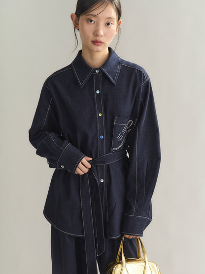 Set-Up Bi-Color Denim Casual Embroidery Elastic-Waist Shirt＆Wide-Pants