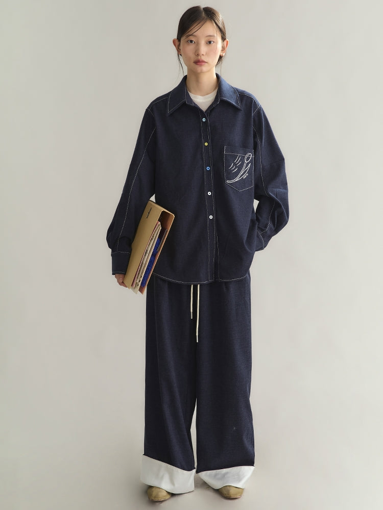 Set-Up Bi-Color Denim Casual Embroidery Elastic-Waist Shirt＆Wide-Pants