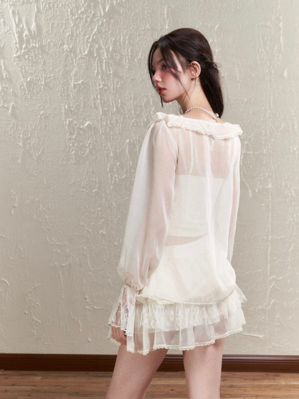 Sheer Frill Lace Feminine Blouse&amp;Mini-Skirt