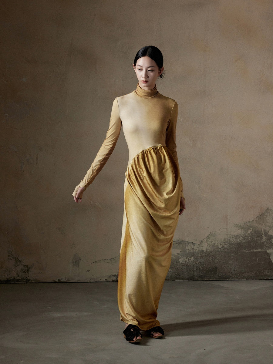 High-Neck Knit Drape Slim Thin Long Dress