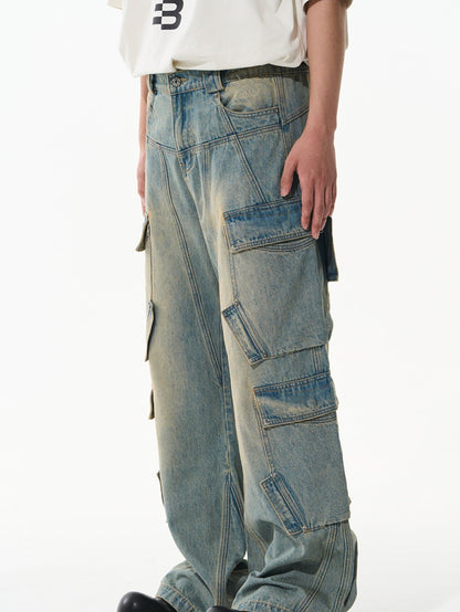 Verblasste Seitenpocket-Denimhose mit weitem Bein