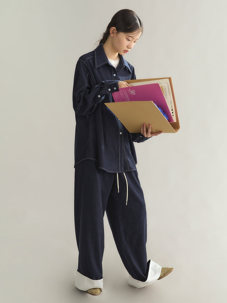 Set-Up Bi-Color Denim Casual Embroidery Elastic-Waist Shirt＆Wide-Pants