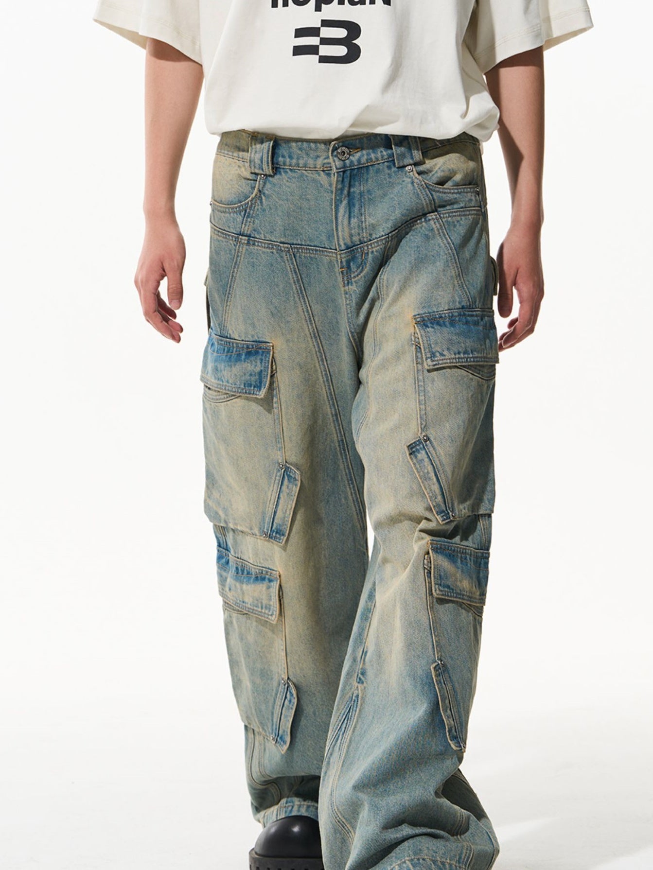 Faded Wide-Leg Side-Pocket Denim Pants