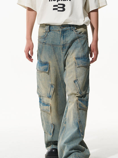 Verblasste Seitenpocket-Denimhose mit weitem Bein